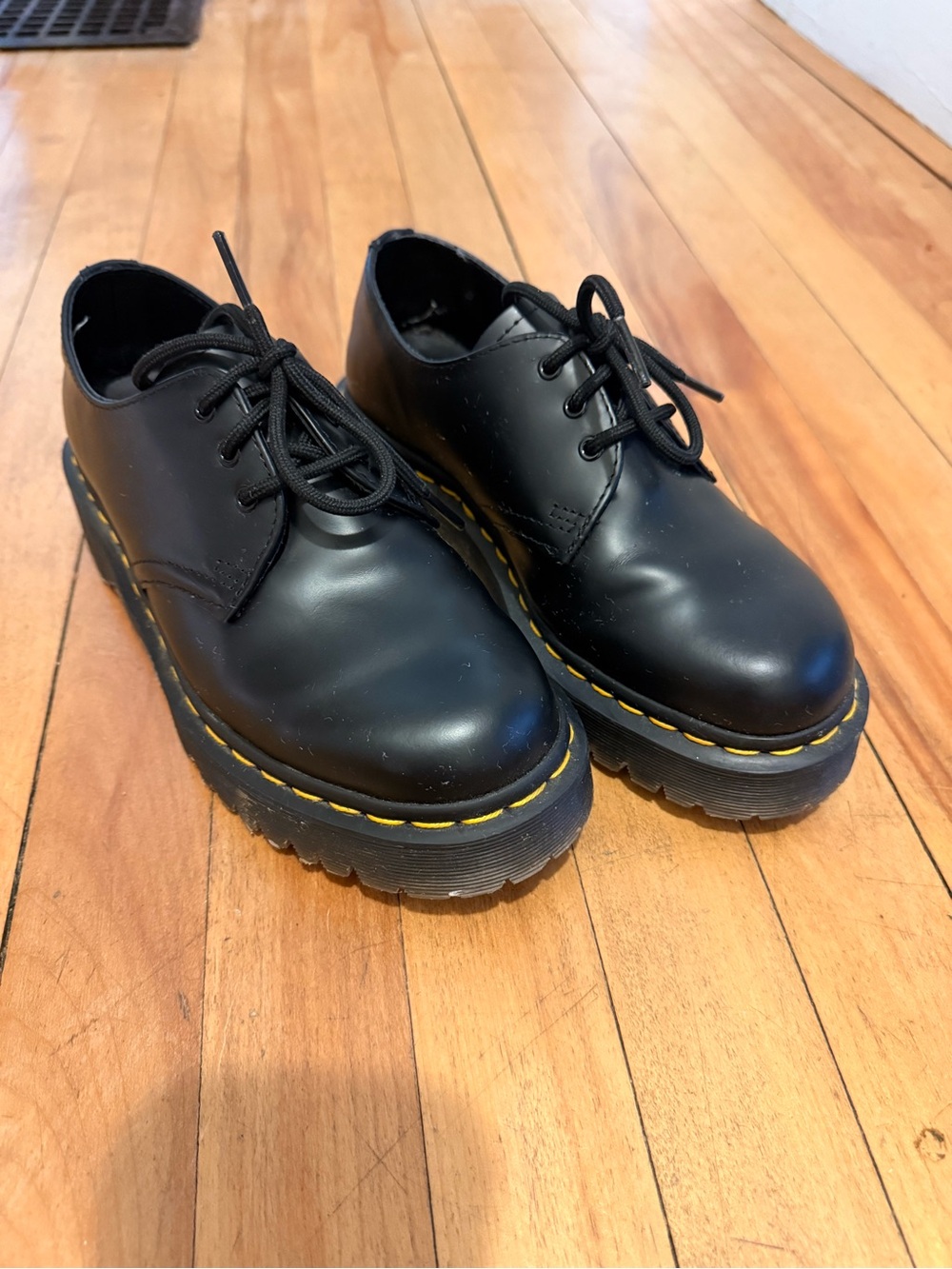 Dr. Martens Black Leather Platform Oxfords with Yellow Stitching